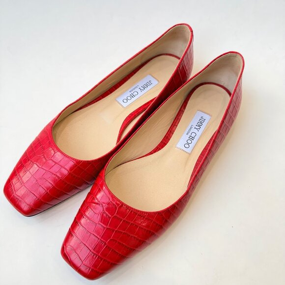Jimmy Choo Mirele Red Croc-Embossed Leather Flats Women’s...